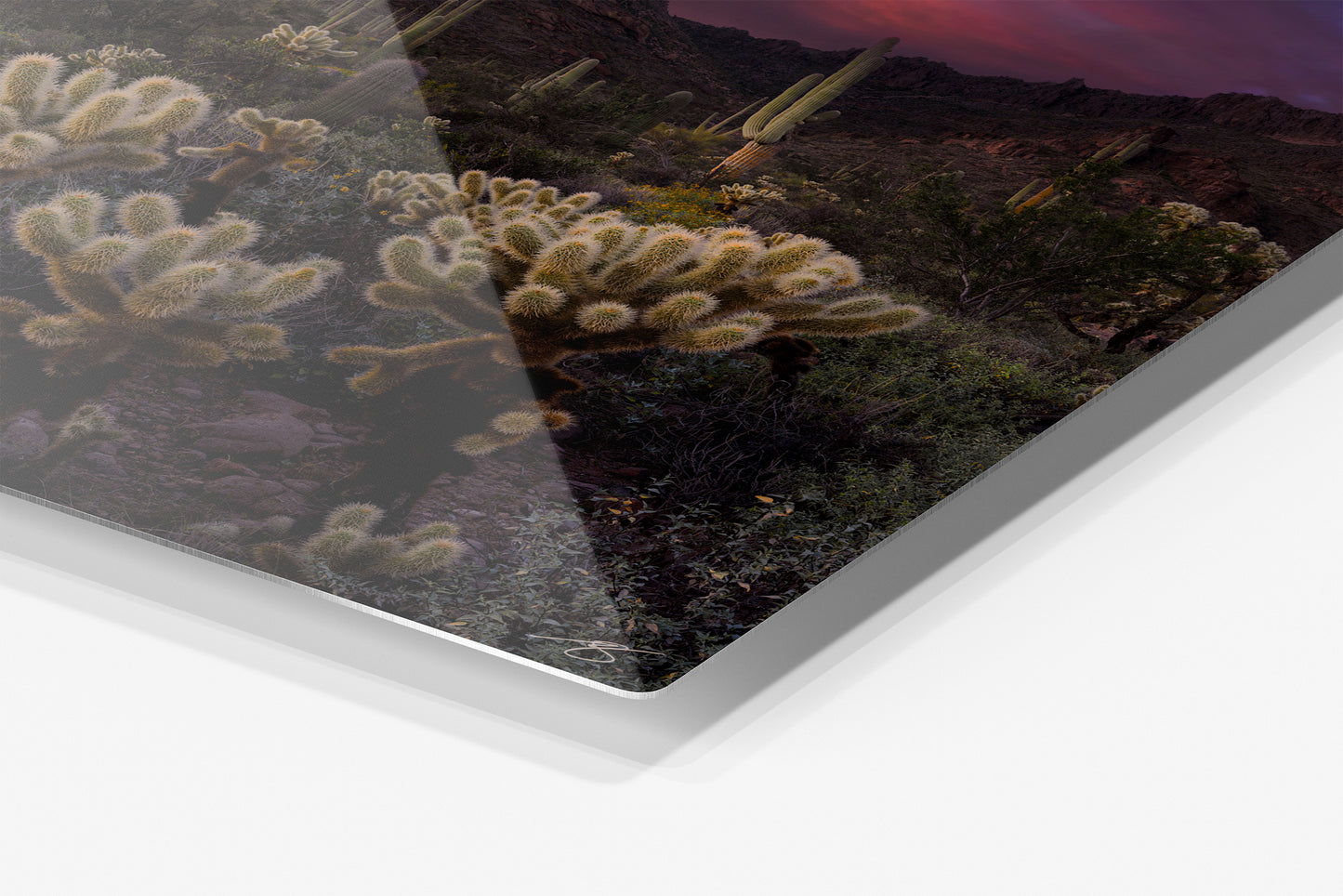Corner detail of the Desert Ablaze Signature Aluminum Edition showing the rounded aluminum edge and high-gloss archival finish.