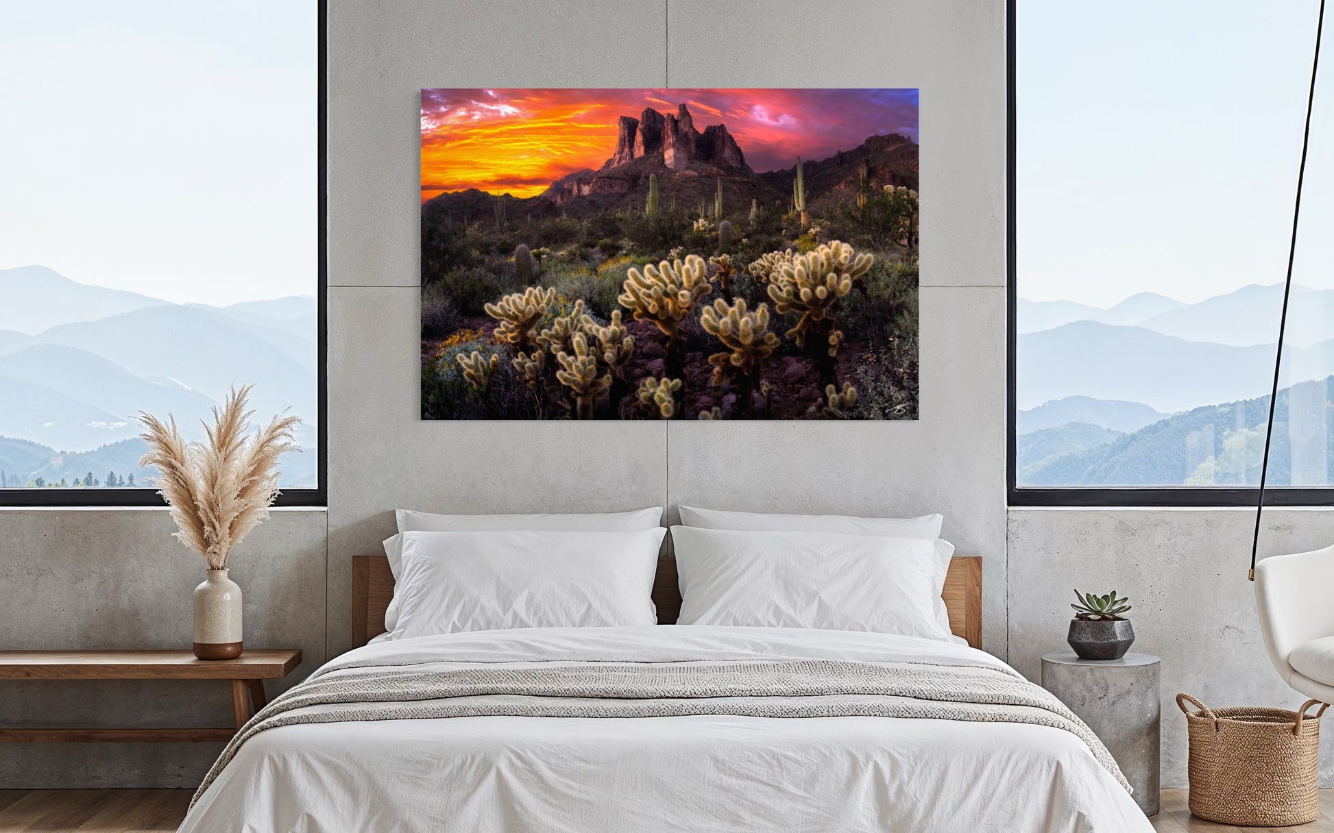 Desert Ablaze fine art landscape photograph displayed as large wall art above a bed in a modern bedroom.