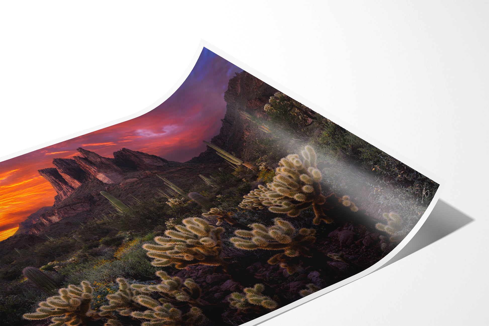 Corner detail of the Desert Ablaze fine art paper print showing the archival paper surface and print quality.
