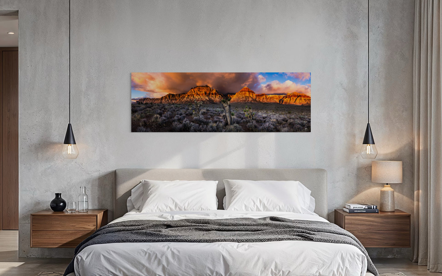 Desert Cathedral panoramic landscape displayed as fine art wall decor above a bed in a modern bedroom interior.