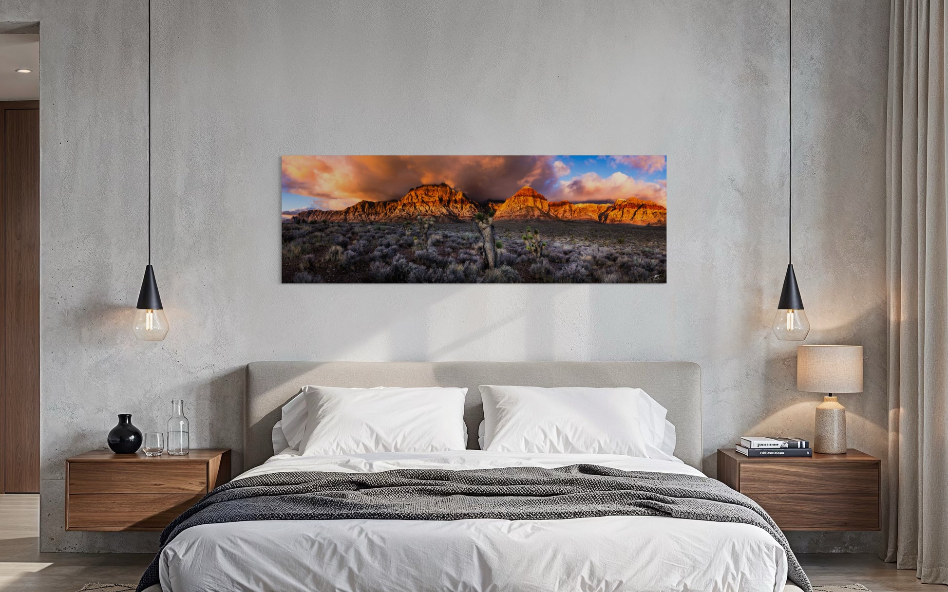 Desert Cathedral panoramic landscape displayed as fine art wall decor above a bed in a modern bedroom interior.