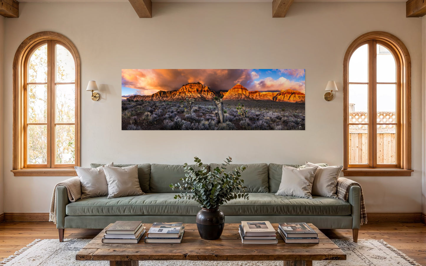 Desert Cathedral panoramic landscape displayed as fine art wall decor above a sofa in a warm contemporary living room.