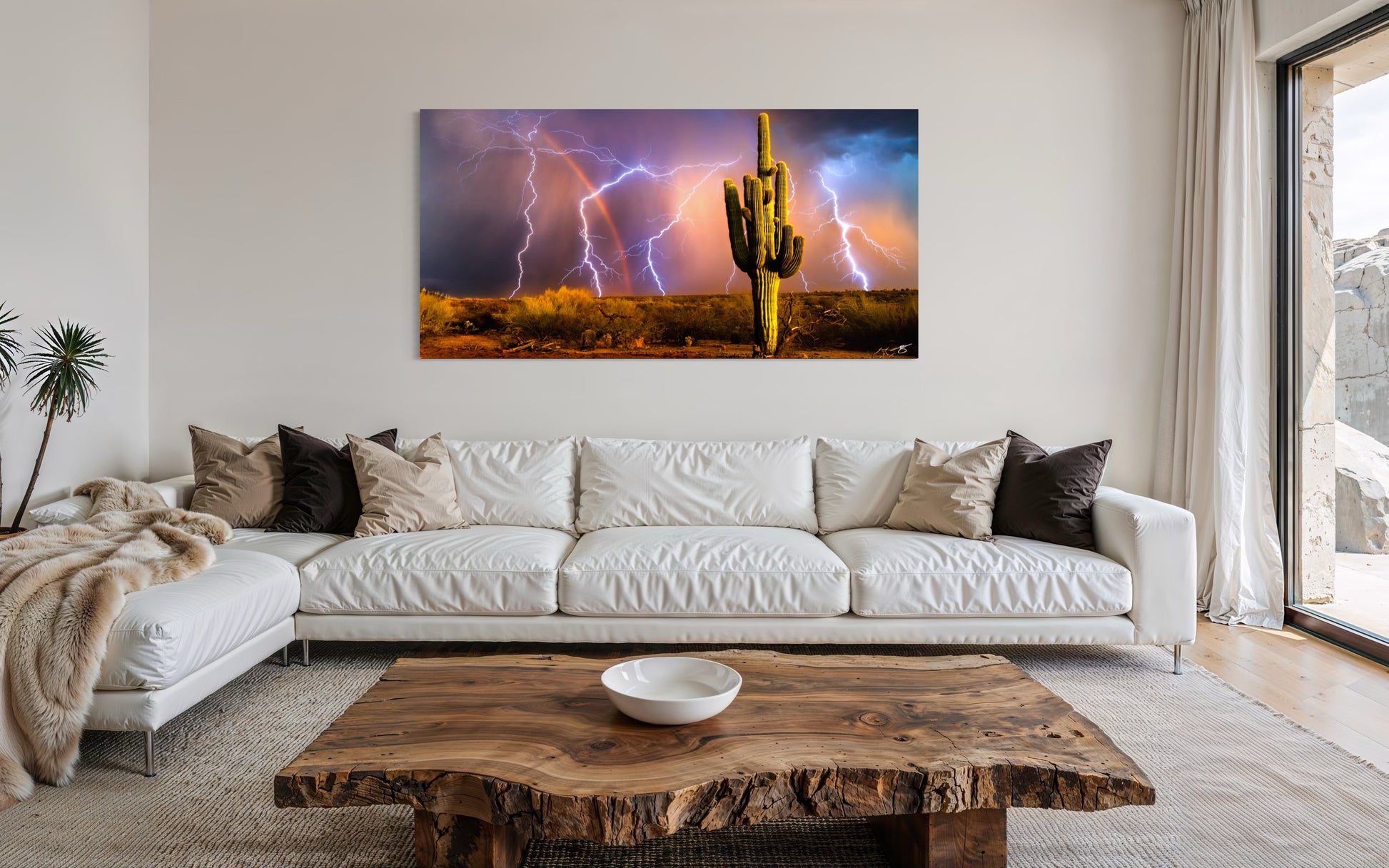 Desert Voltage Arizona saguaro lightning fine art photography displayed as living room wall art