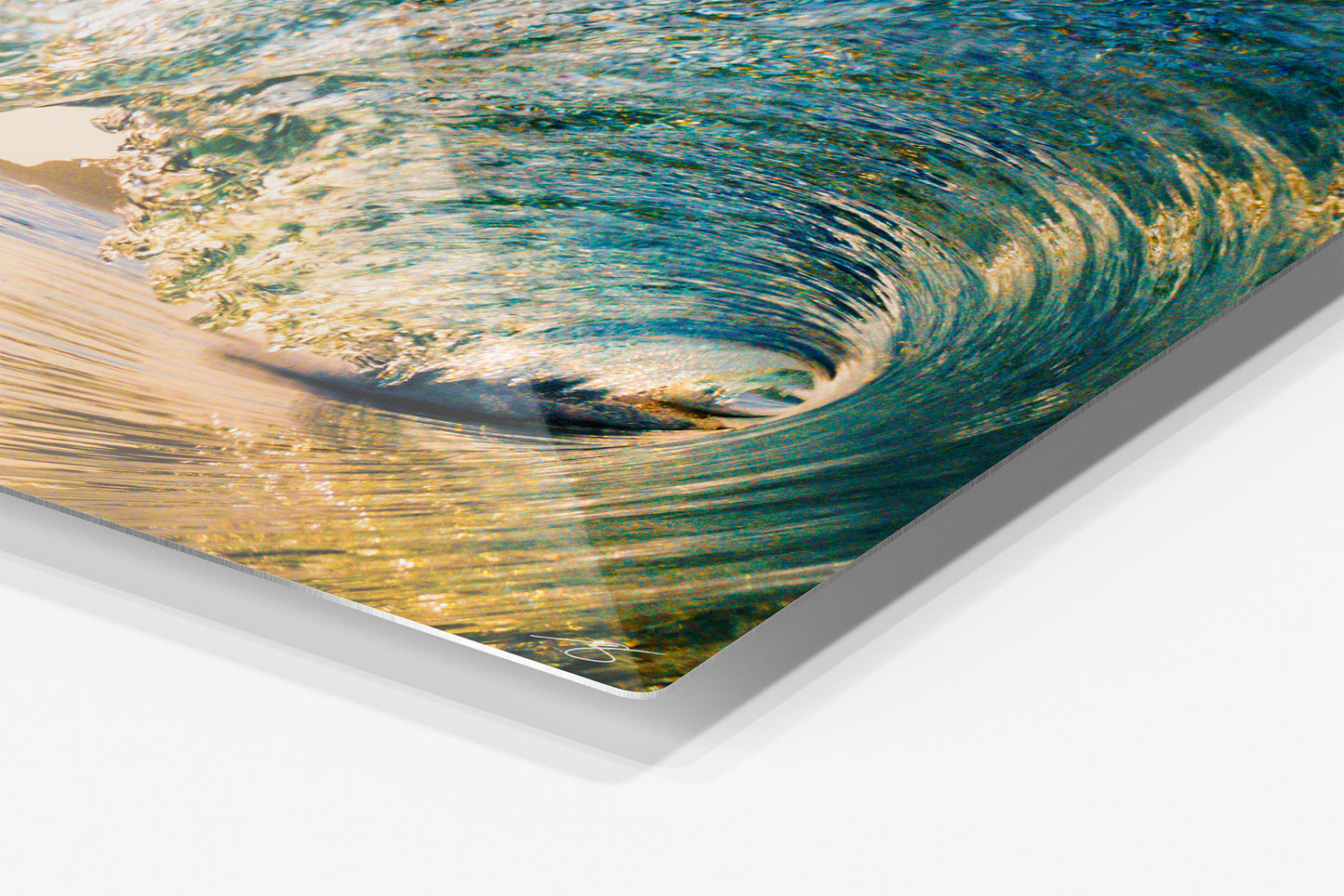 Close-up detail of the Golden Surge aluminum print showing the glossy archival metal finish and rounded corner