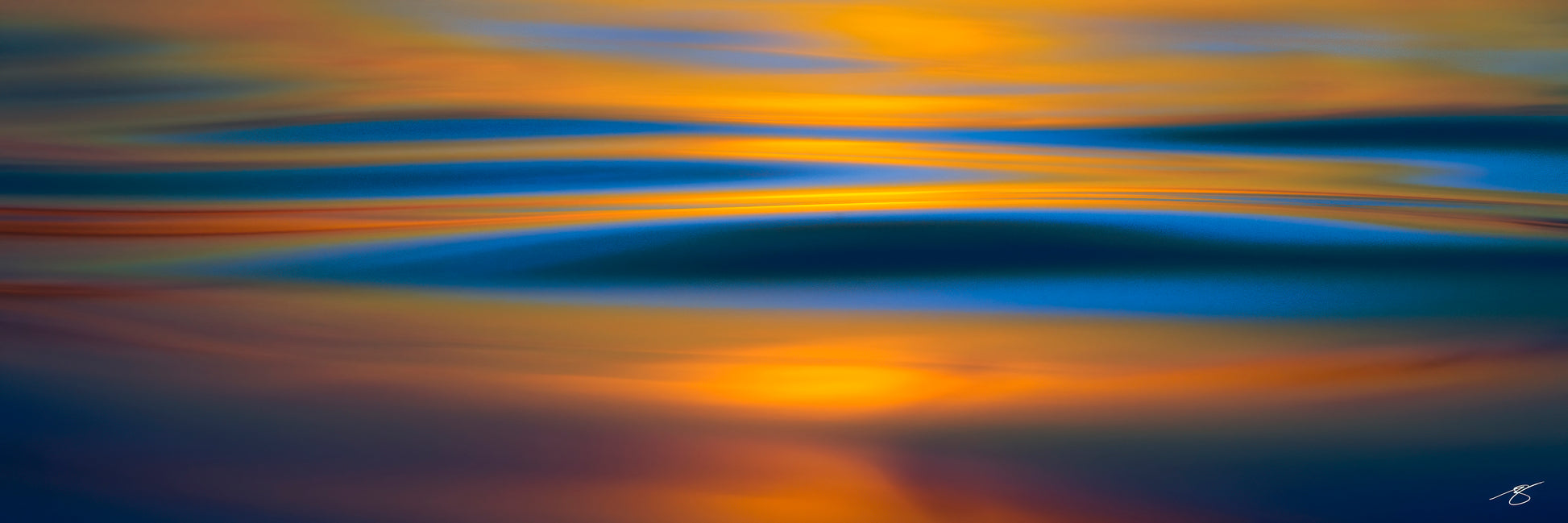 Molten Horizon abstract ocean reflection with blue and orange sunset tones by Beau Jesse Johnston