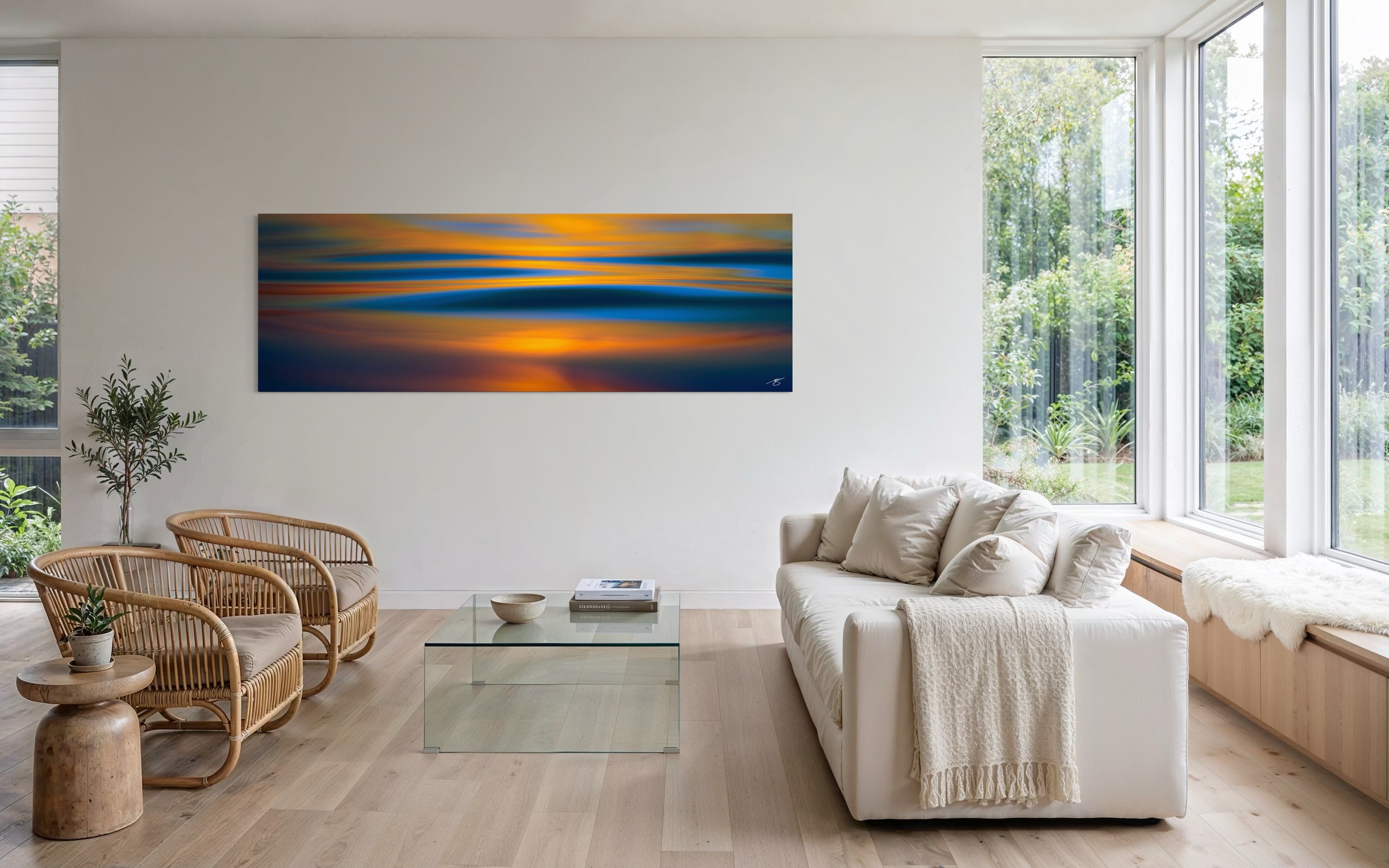 Molten Horizon abstract ocean wall art displayed in a bright modern living room