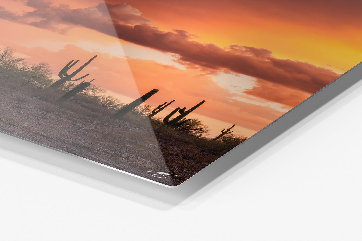 Close-up detail of the Monsoon Divide aluminum print showing the glossy archival metal finish and rounded corner