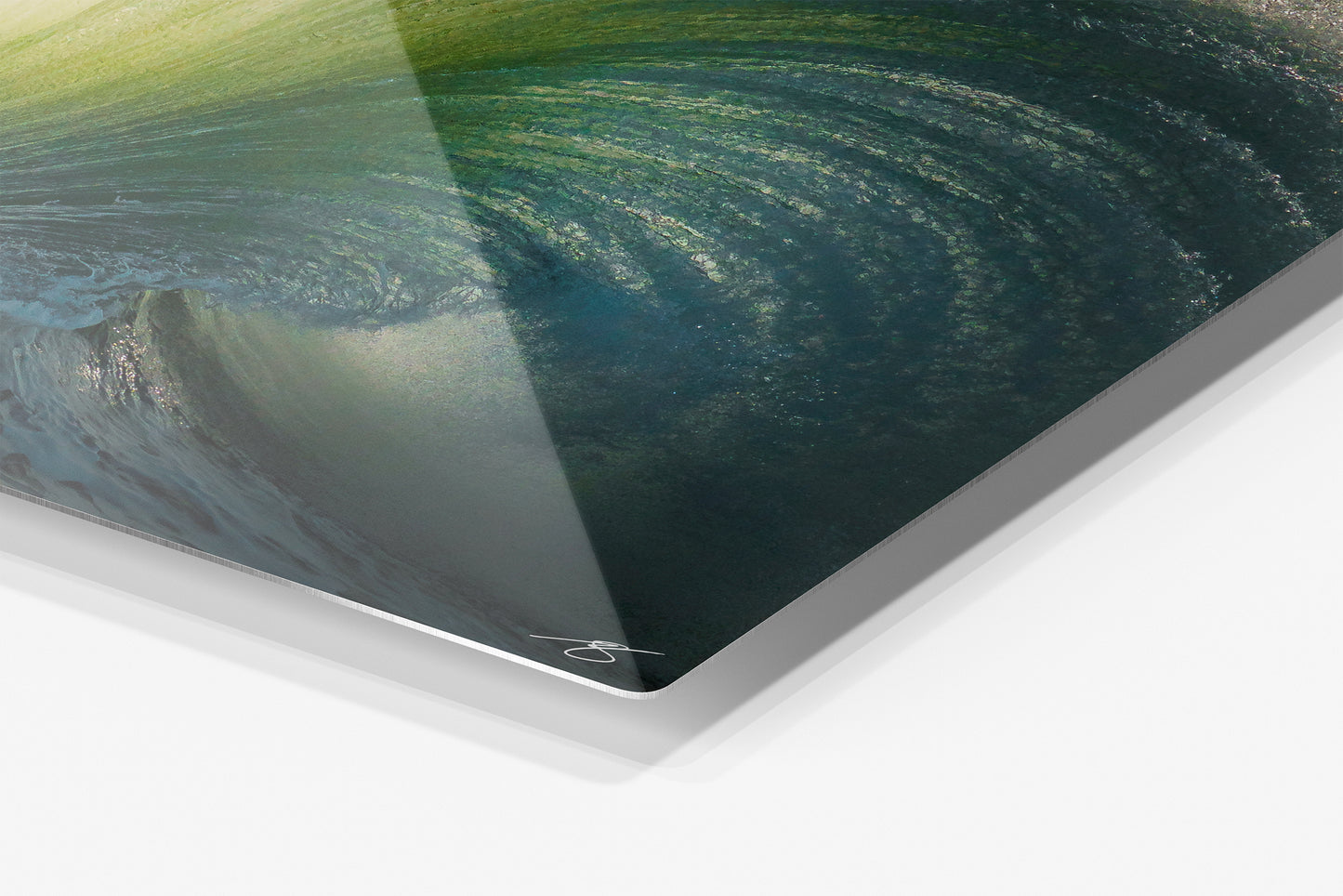 Close-up detail of the Ocean Bloom aluminum print showing the glossy archival metal finish and rounded corner