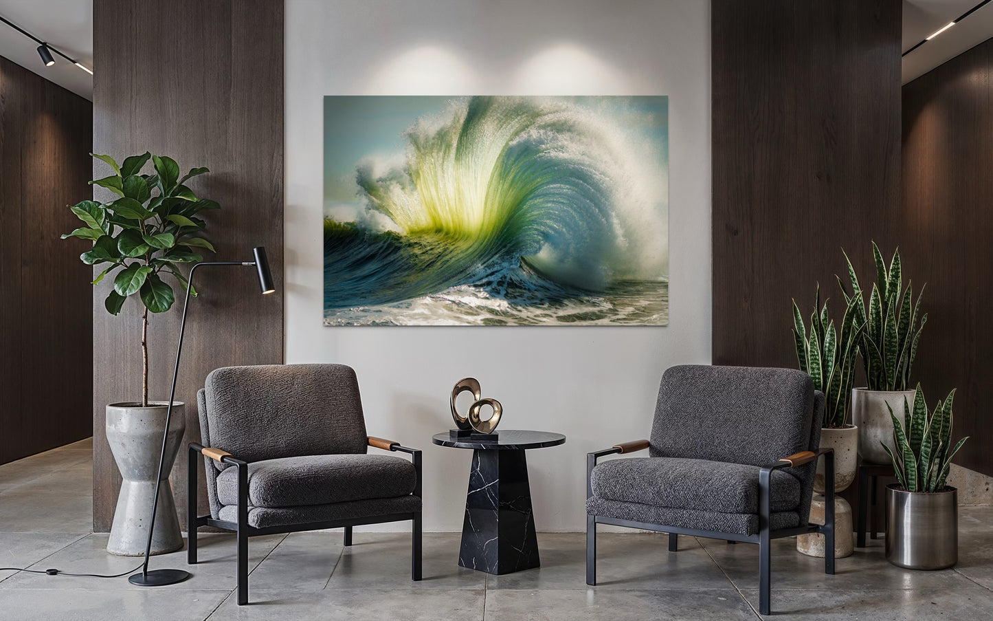 Ocean Bloom fine art photography displayed as a large wall piece in a modern living room with contemporary seating and natural accents.
