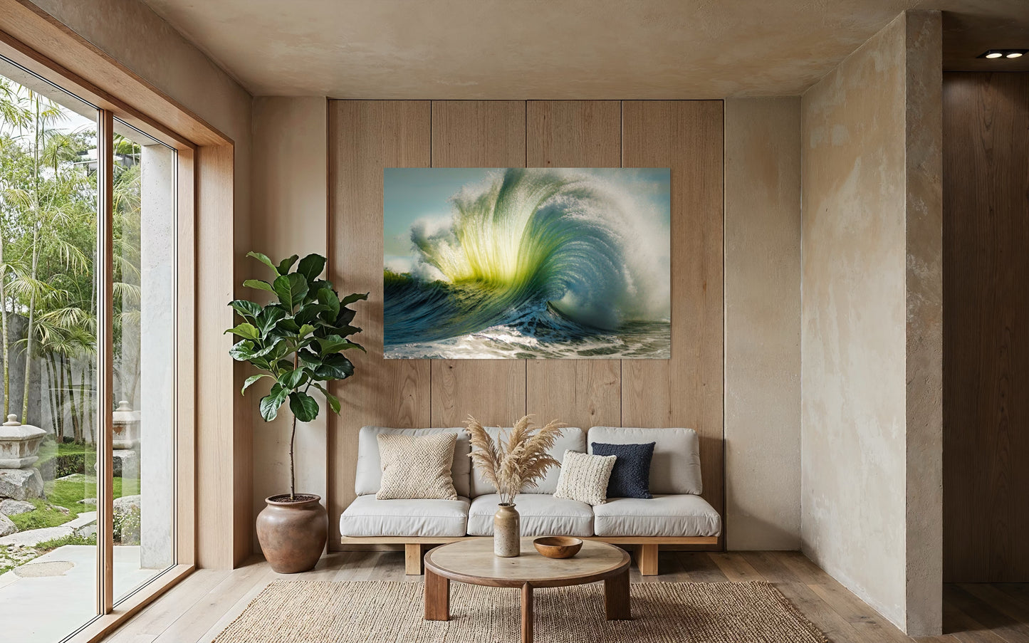 Ocean Bloom fine art photography displayed in a warm contemporary living room with natural wood accents and large windows.