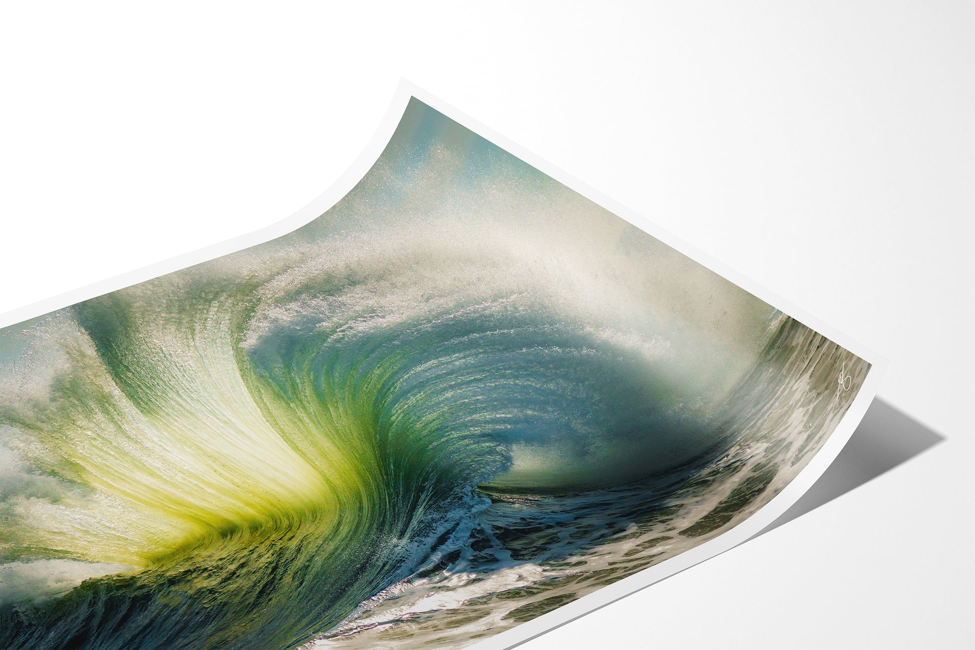 Close-up detail of the Ocean Bloom fine art paper print showing the archival paper texture, white border, and curled paper corner.