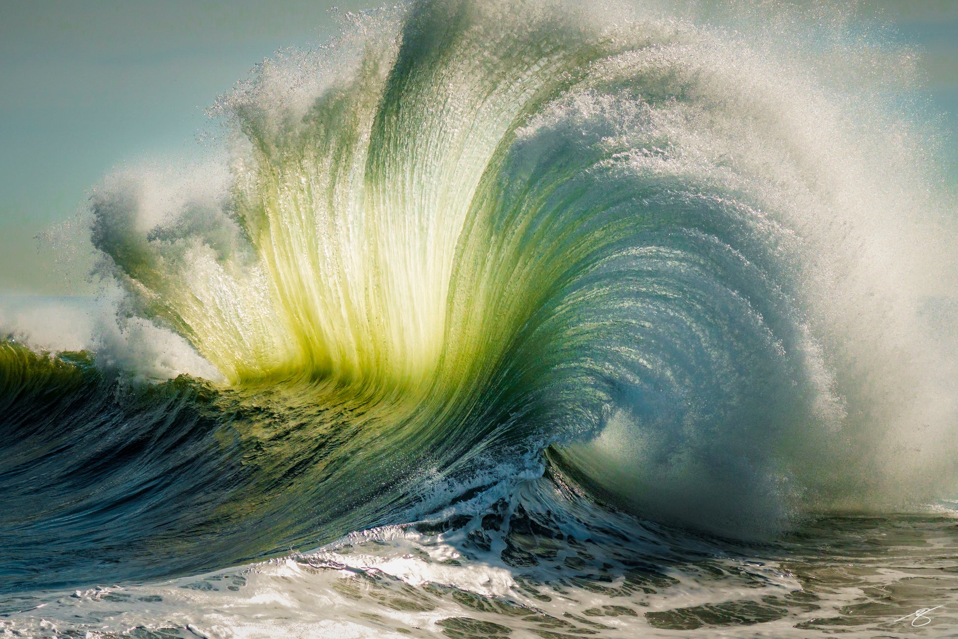 Ocean Bloom fine art photograph capturing a powerful emerald-green wave illuminated by sunlight as it curls into a dramatic barrel.