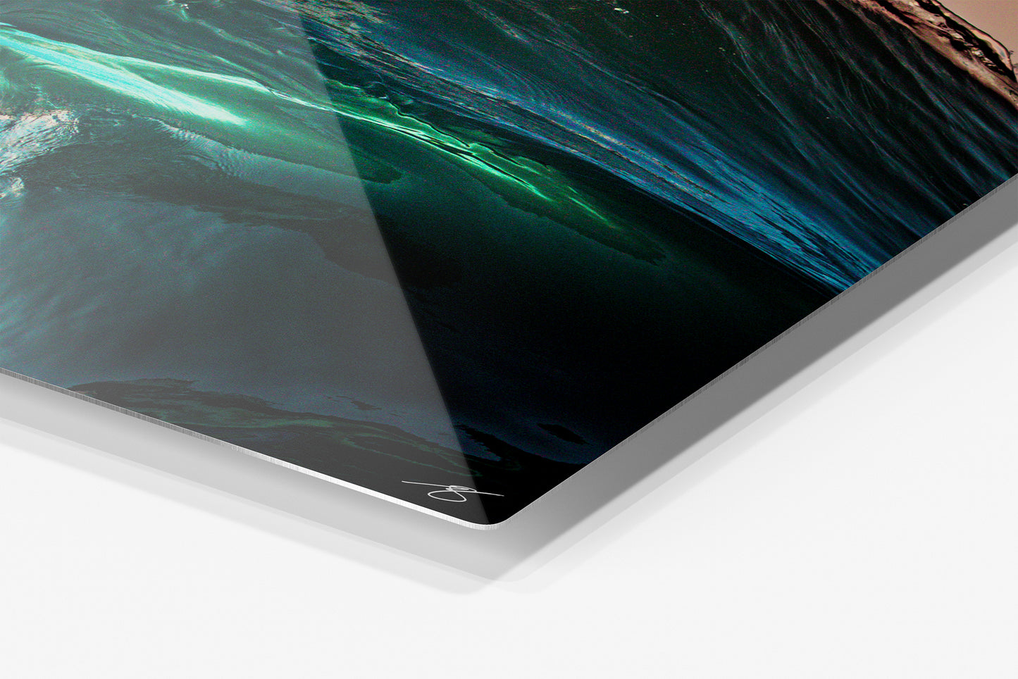Close-up detail of the Panthera aluminum print showing the glossy archival metal finish and rounded corner