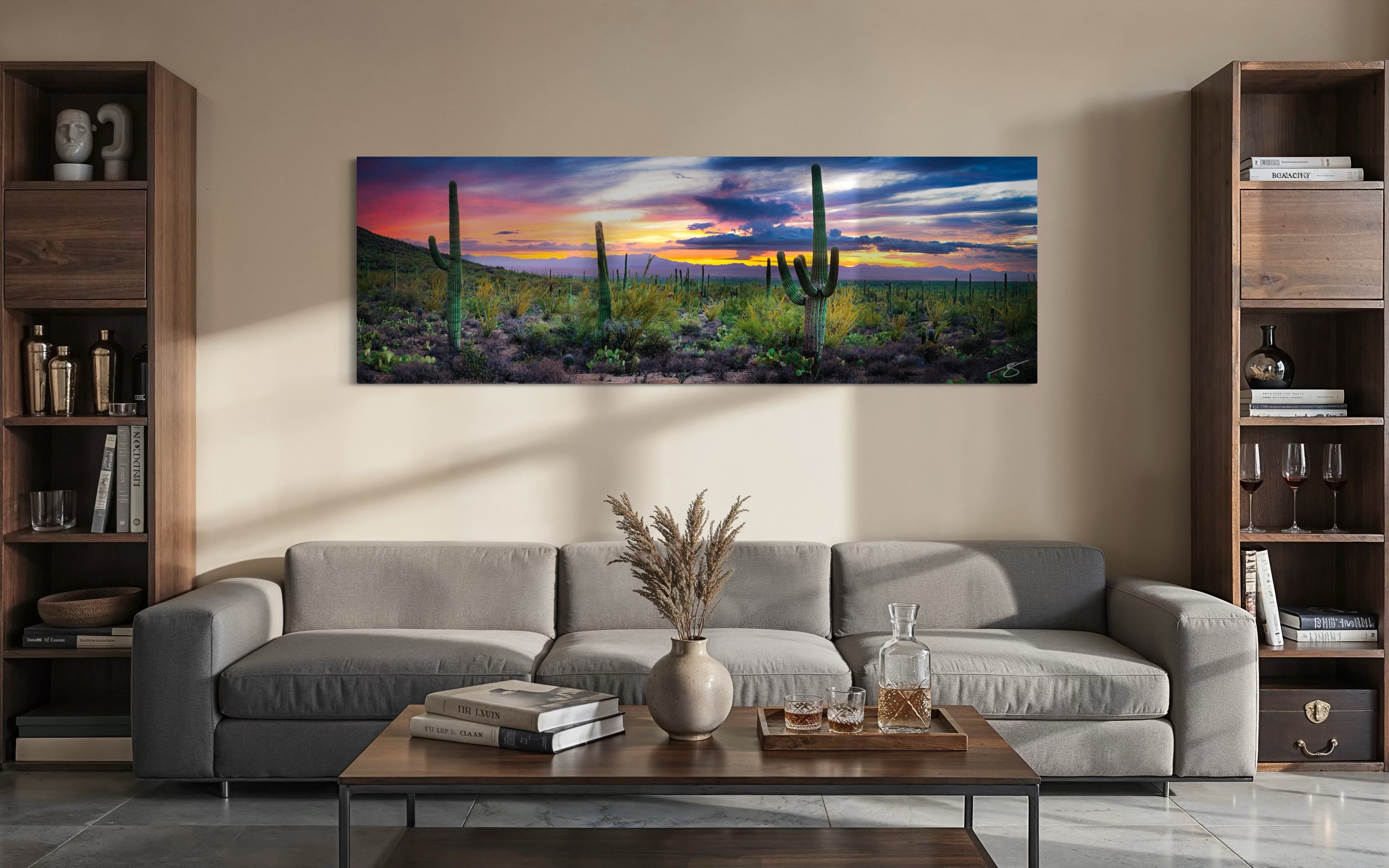 Southwest landscape wall art featuring Arizona saguaro cacti displayed in a contemporary living room