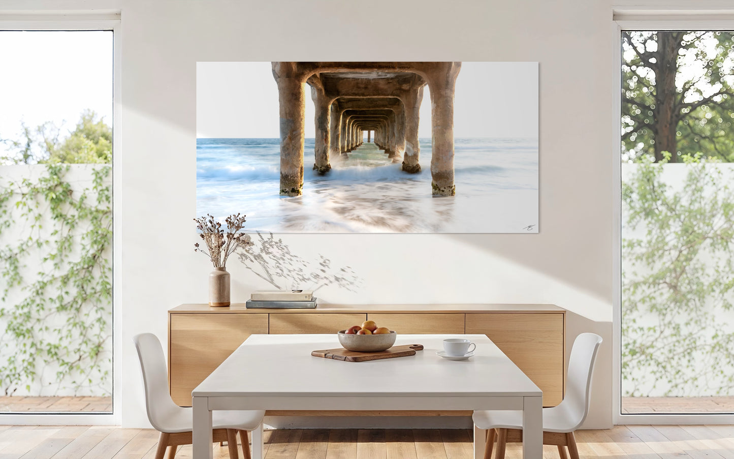 Large coastal wall art, Tidal Passage by Beau Jesse Johnston, displayed in a modern dining room with contemporary coastal decor