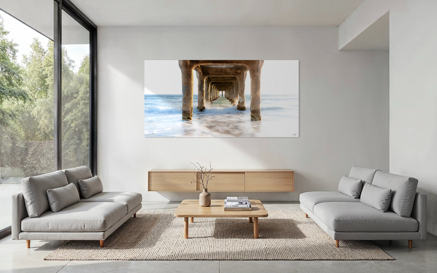 Large coastal wall art, Tidal Passage by Beau Jesse Johnston, displayed in a modern living room with minimalist contemporary decor