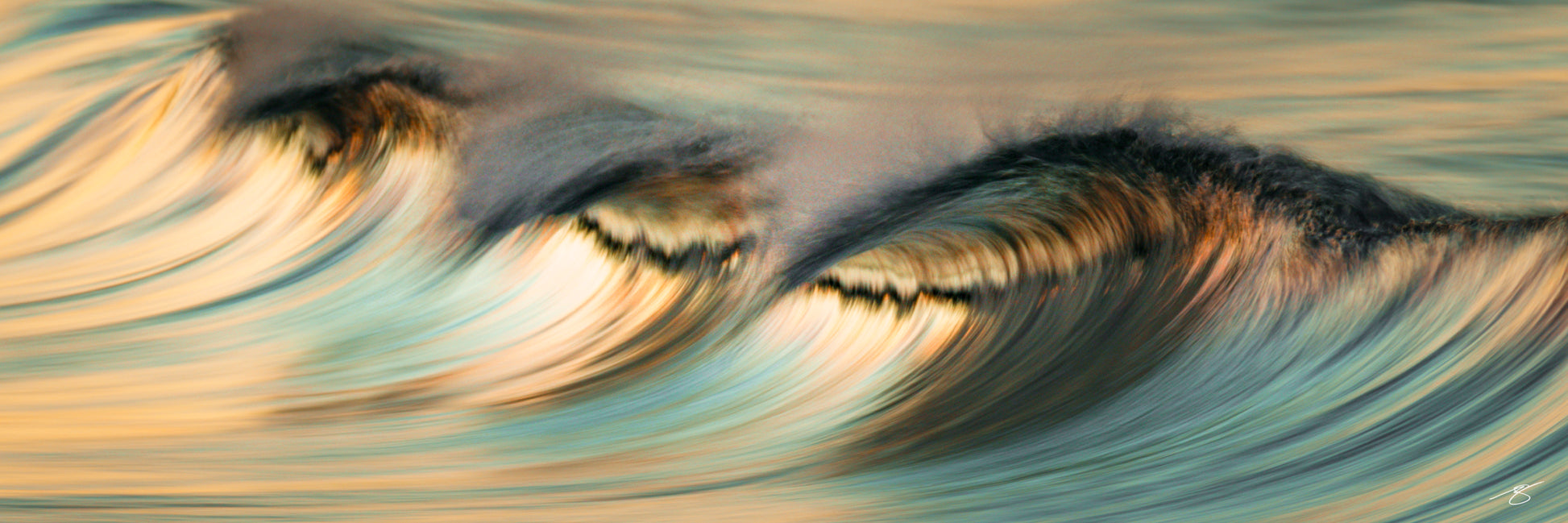 Tide of Stillness fine art ocean wave photograph with soft motion blur and warm blue and gold tones