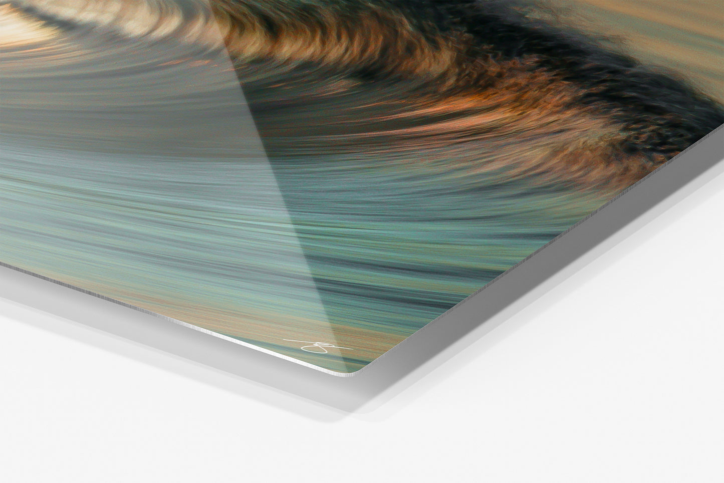 Close-up detail of the Tide of Stillness aluminum print showing the glossy archival finish and rounded metal corner