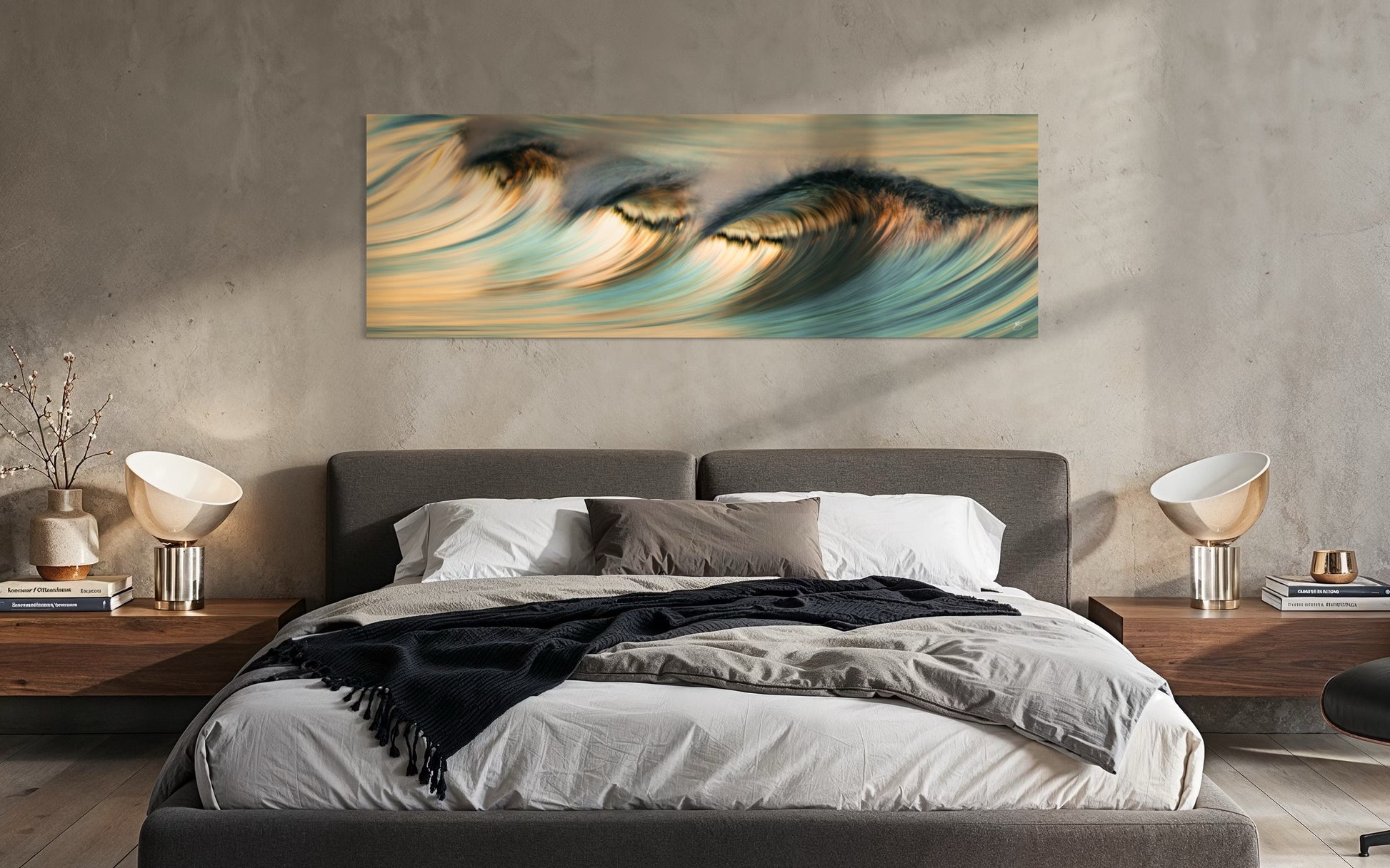 Tide of Stillness abstract ocean wave fine art photography displayed above a bed in a modern bedroom