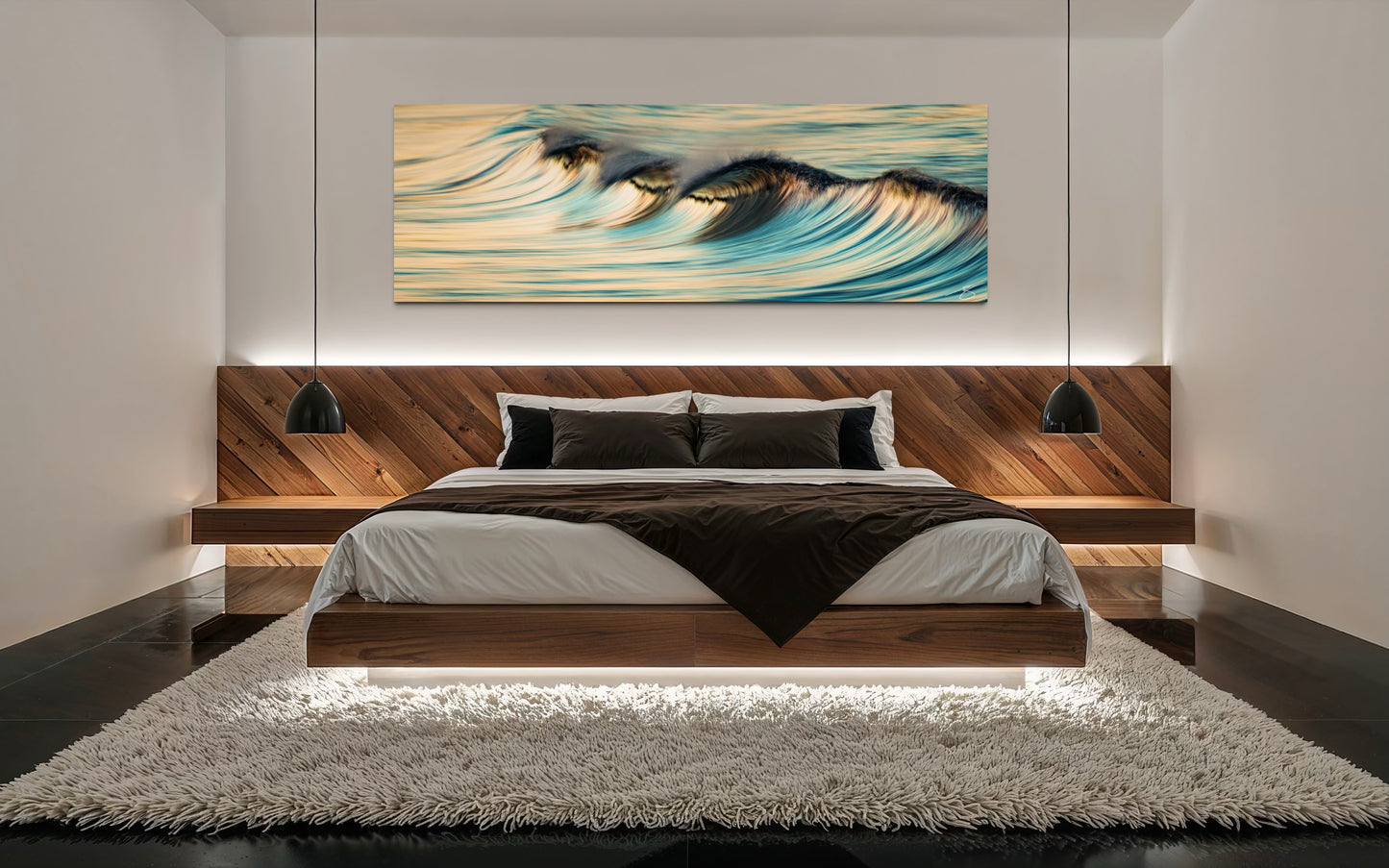 Tide of Stillness by Beau Jesse Johnston displayed above a modern bed in a contemporary bedroom featuring warm wood tones and soft ambient lighting.