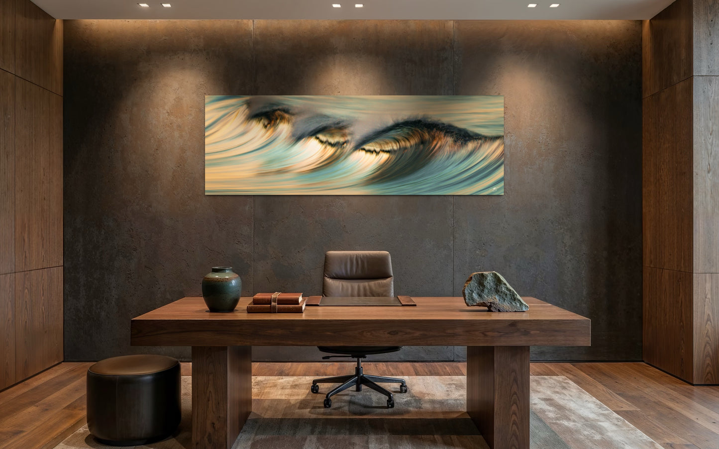 Tide of Stillness abstract ocean wave fine art photography displayed as statement wall art in a modern office