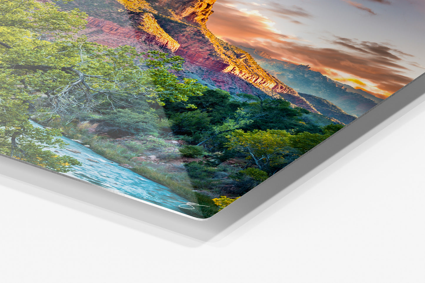 Close-up detail of the Zion Flow aluminum print showing the glossy archival metal finish and rounded corner