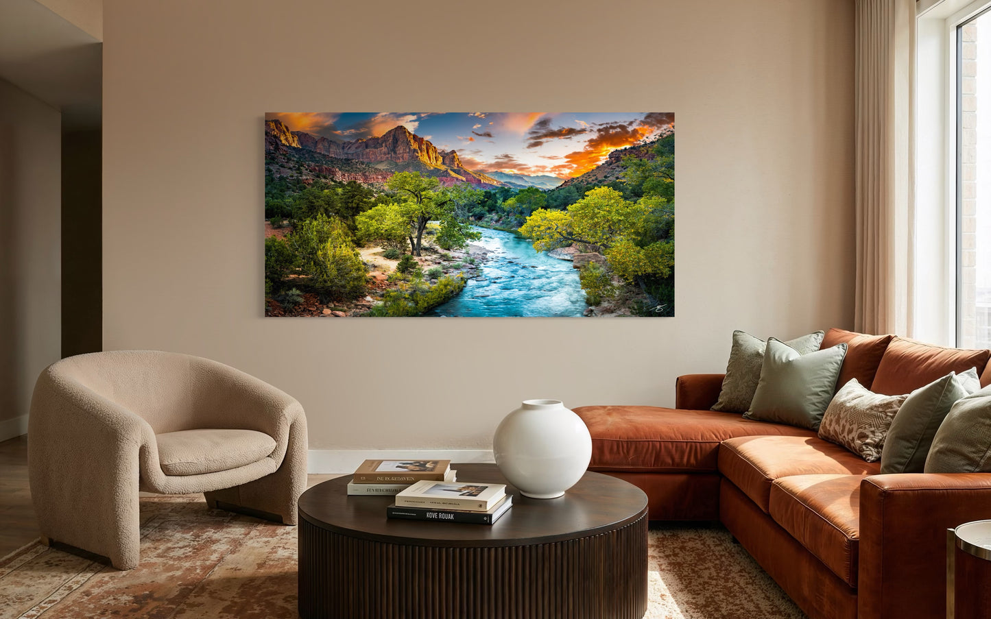 Zion Flow fine art landscape photography displayed as wall art in a warm modern living room