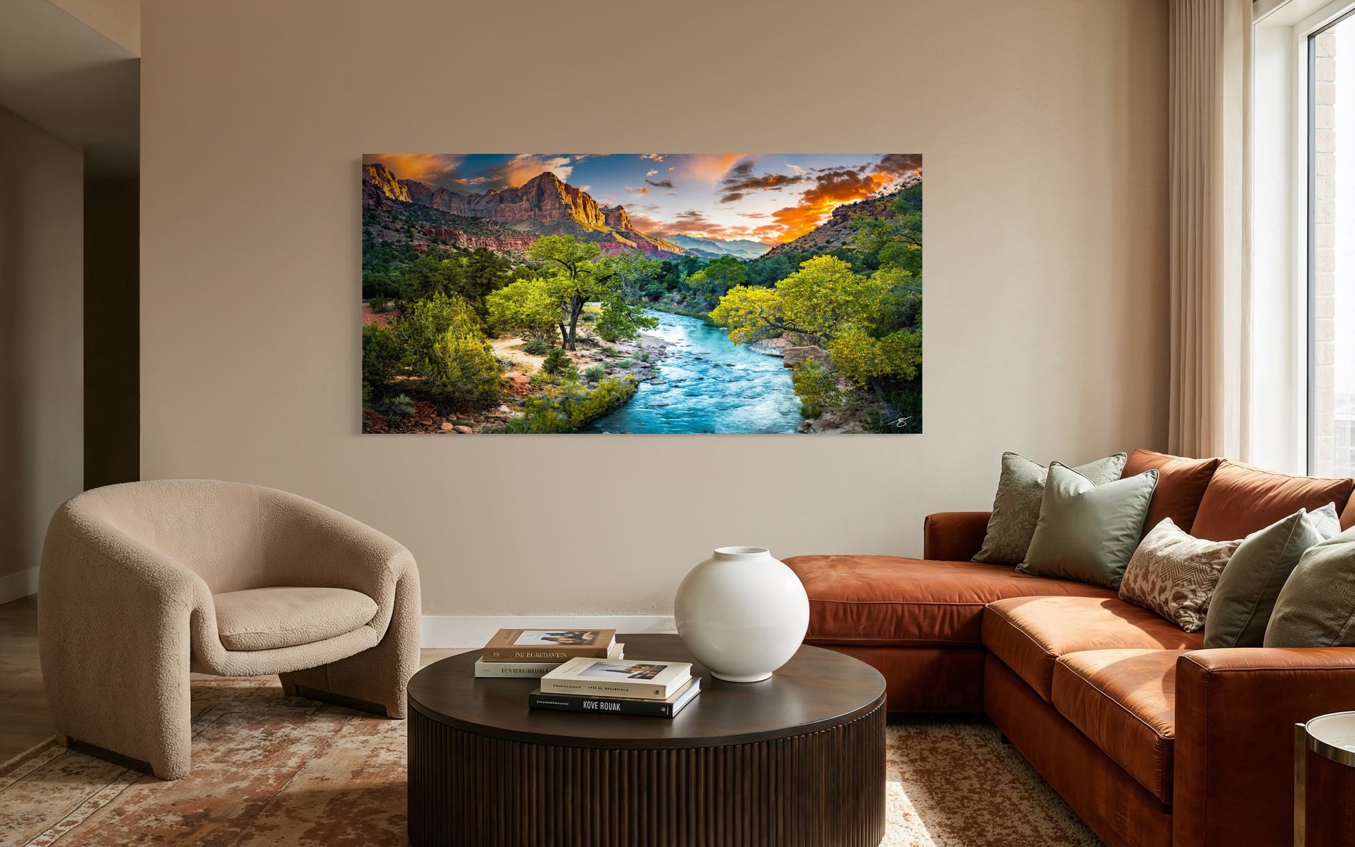 Zion Flow fine art landscape photography displayed as wall art in a warm modern living room