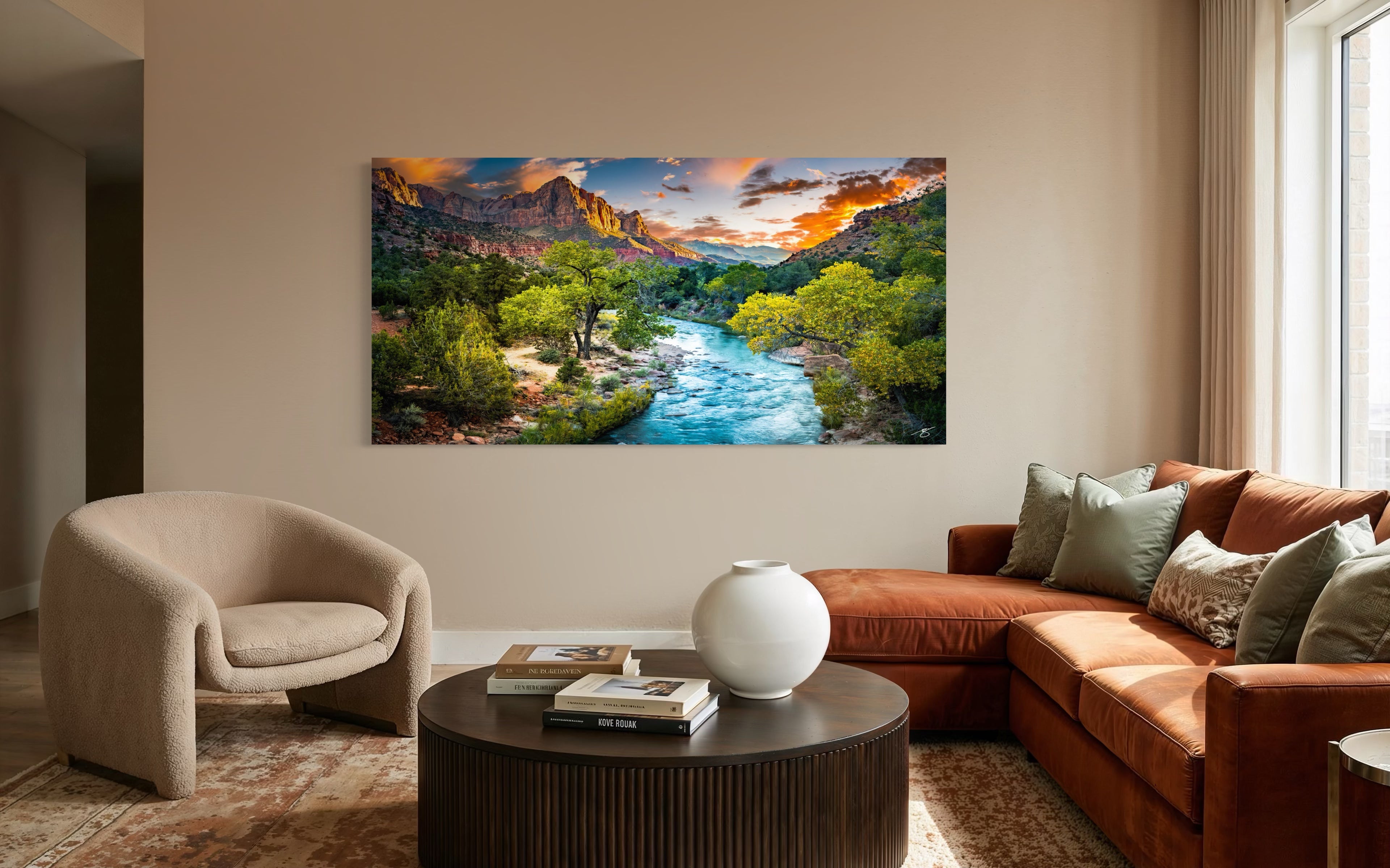 Zion Flow fine art landscape photography displayed as wall art in a warm modern living room