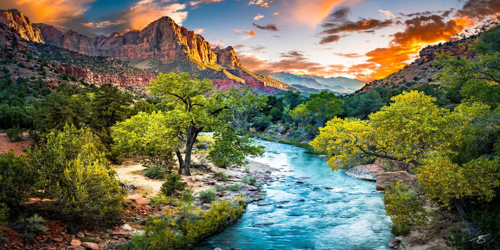 Zion Flow fine art photograph of the Virgin River and canyon cliffs at sunset in Zion National Park