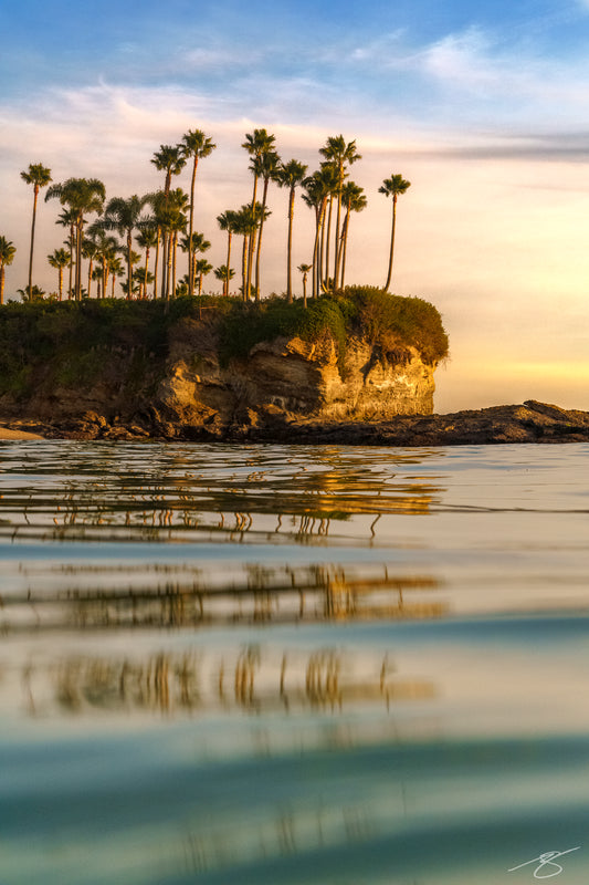 Waterline view of a palm-topped rocky bluff with golden reflections on calm ocean water at sunset; vertical coastal fine art photograph
