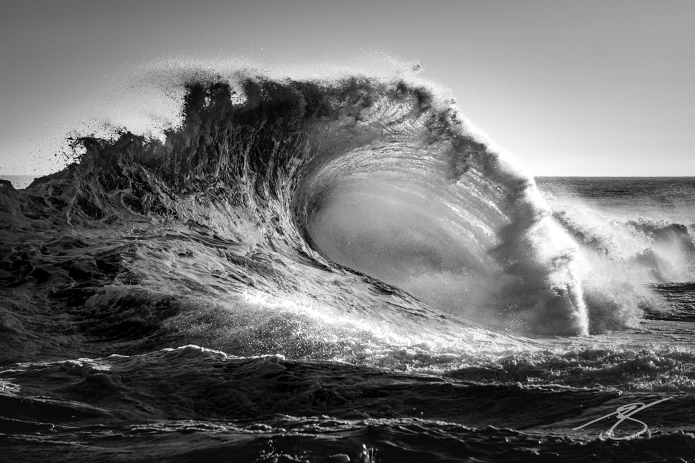 Black-and-white photo of a powerful breaking wave with an arcing plume of spray and textured water; dramatic coastal fine art print