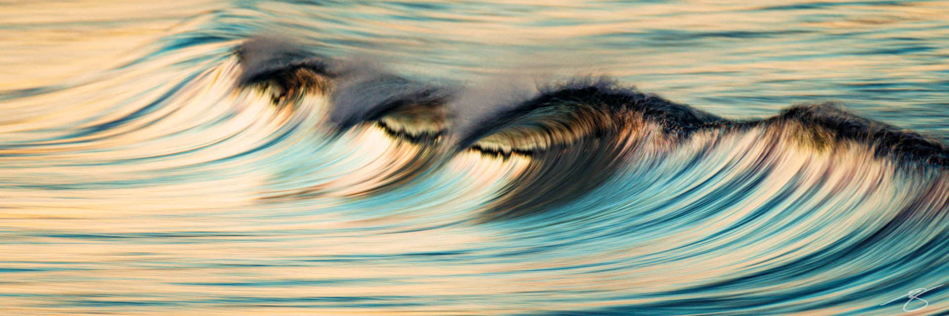 Abstract long-exposure of three curling waves forming smooth, rhythmic arcs in soft gold and teal tones; modern coastal fine art photograph